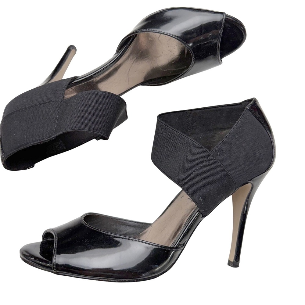 Madden Girl Black Patent leather Peep Toe Heels Elastic Quiet Luxury Chic Sz 9.5